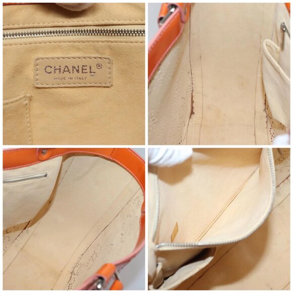 CHANEL Punching Tote Bag Enamel Orange Silver CC Auth - Picture 14 of 15